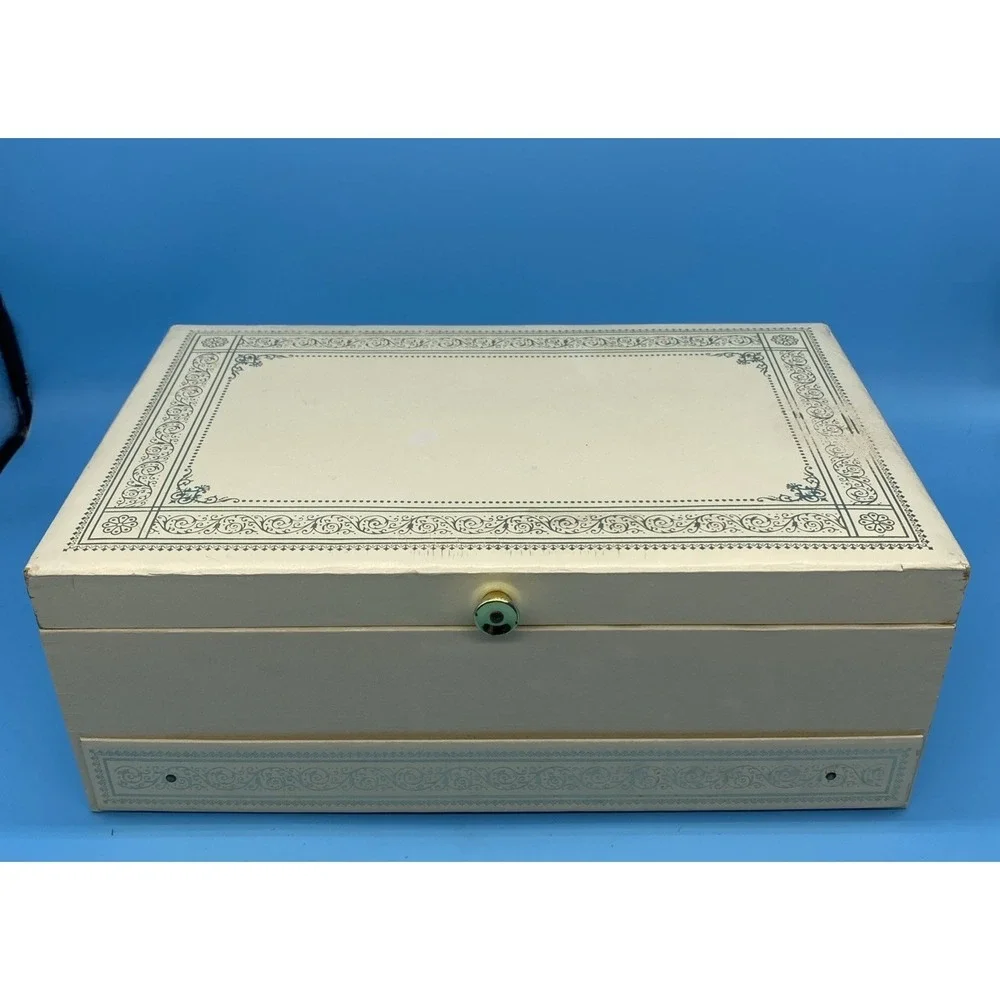 Vintage MCM 3 Tier Jewelry Box Cream Leatherette Red Velvet Cantilever Pop Up